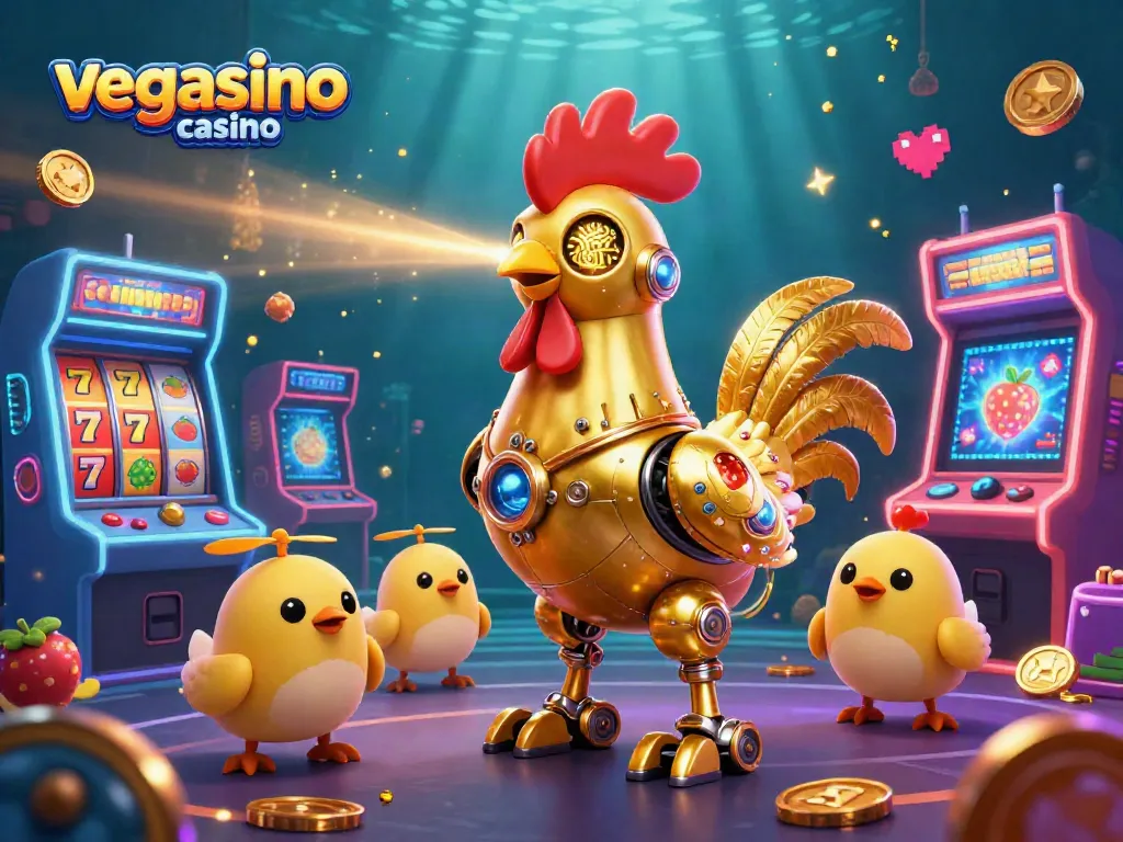 Experience the excitement of vegasino casino with a vibrant 3D illustration of a golden rooster robot and arcade games.