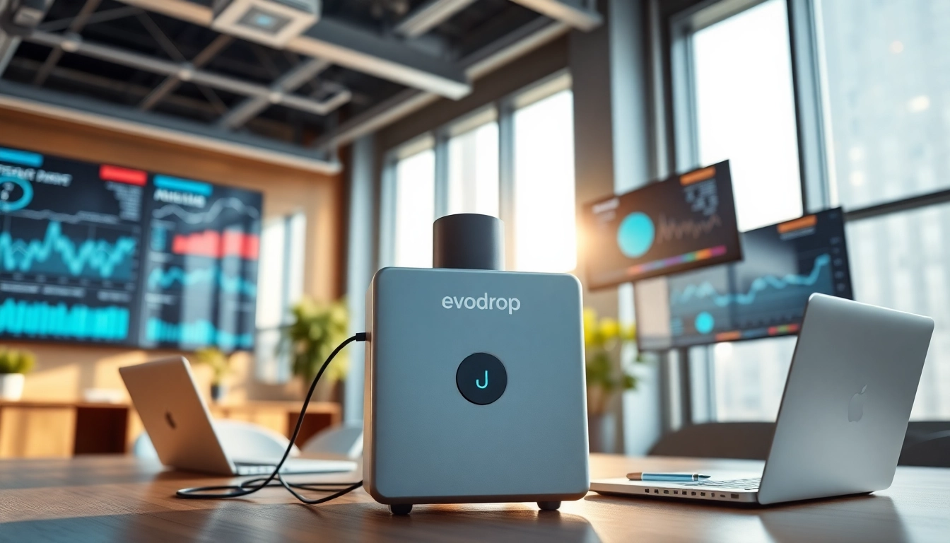 Evodrop Beobachter analysiert Daten in einer modernen Büroumgebung mit Analyseschirmen.