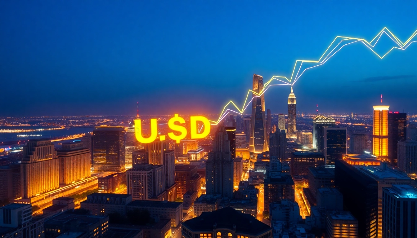 Visualisierung des Bitcoin Preis USD in einer futuristischen Stadtumschlag mit Neonlichtern