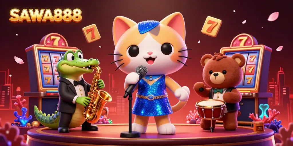 Celebrate slots at SAWA888 with a cartoon cat singing, a crocodile playing sax, and a bear on drums.