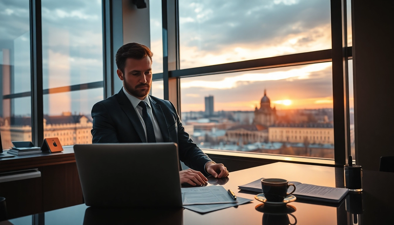Headhunter Dresden bei der Arbeit in einem modernen Büro mit Stadtansicht.