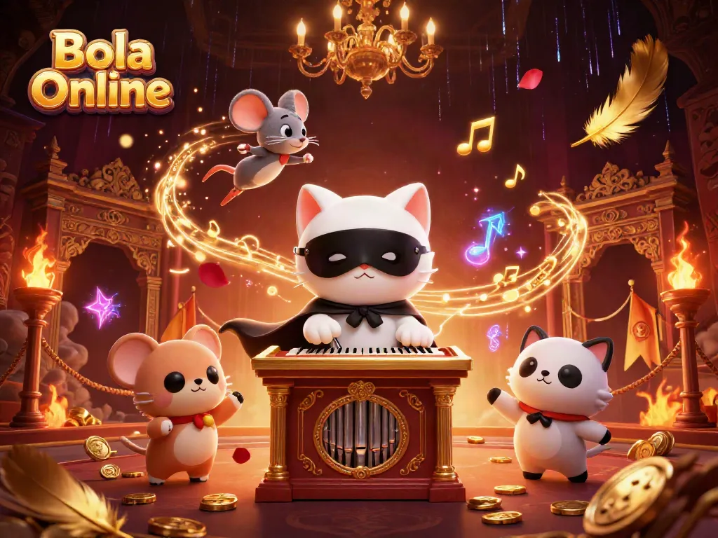 Bola Online showcases a whimsical casino scene with a masked cat and acrobat among golden coins and rose petals.