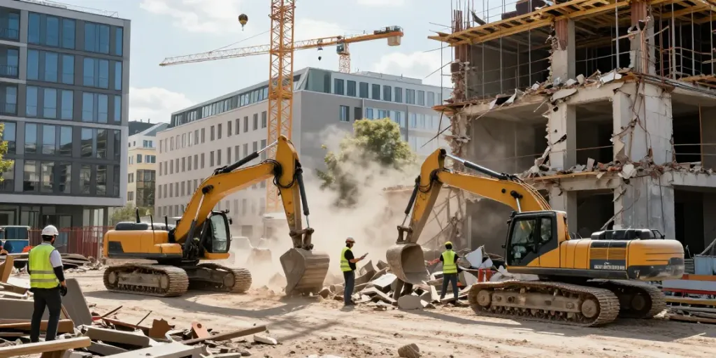 Professionelle Abrissarbeiten in Wien mit Baumaschinen und Arbeitern, Abriss Wien.