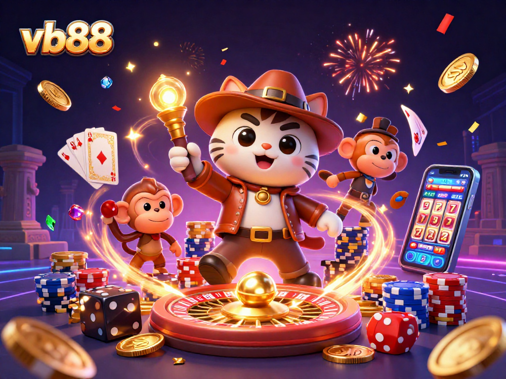 vb88 gamers explore a treasure-filled casino, featuring vibrant coins and spinning roulette wheels.