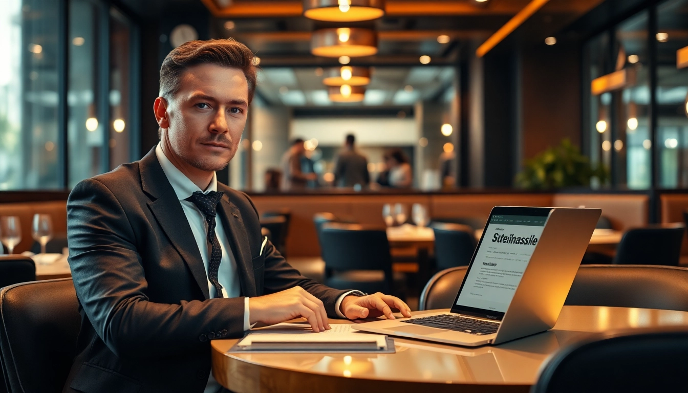 Professioneller Headhunter Gastronomie, sitzt im Restaurant und analysiert Stellenangebote am Laptop, elegantes Ambiente.