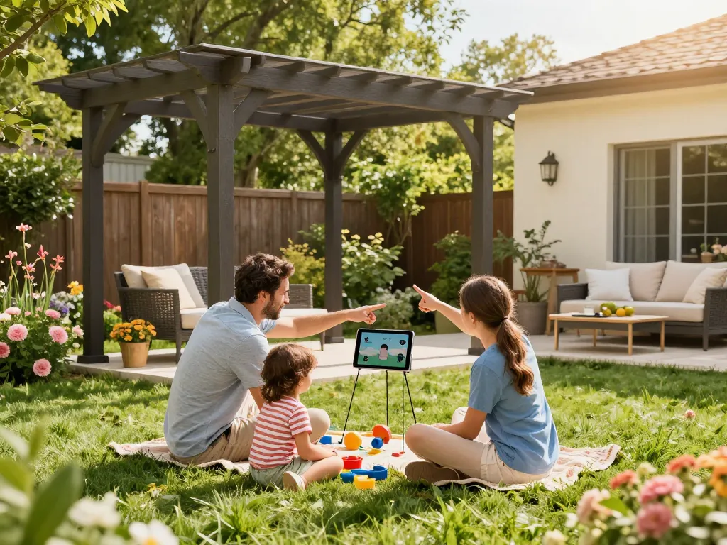 Eine Familie, die den Pergola Konfigurator nutzt, um eine maßgeschneiderte Pergola in ihrem Garten zu visualisieren.