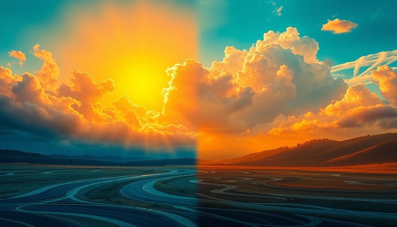 Visualize Klima impacts by illustrating diverse weather changes across a landscape.