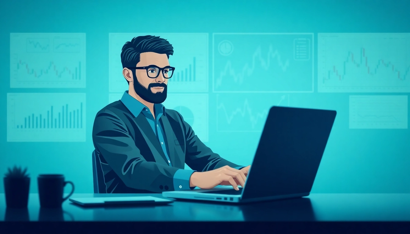 Erfolgreicher Trader bei der Arbeit mit der BrightFunded Plattform, umgeben von Analysetools.