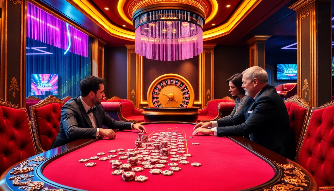 Players enjoying a vibrant poker game with 33WIN-themed chips in a luxurious casino setting.