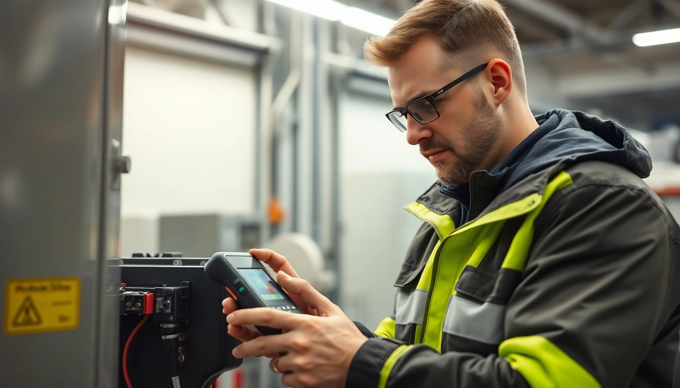 Techniker führt eine DGUV V3 Prüfung an einem elektrischen Gerät in einer modernen Werkstatt durch.