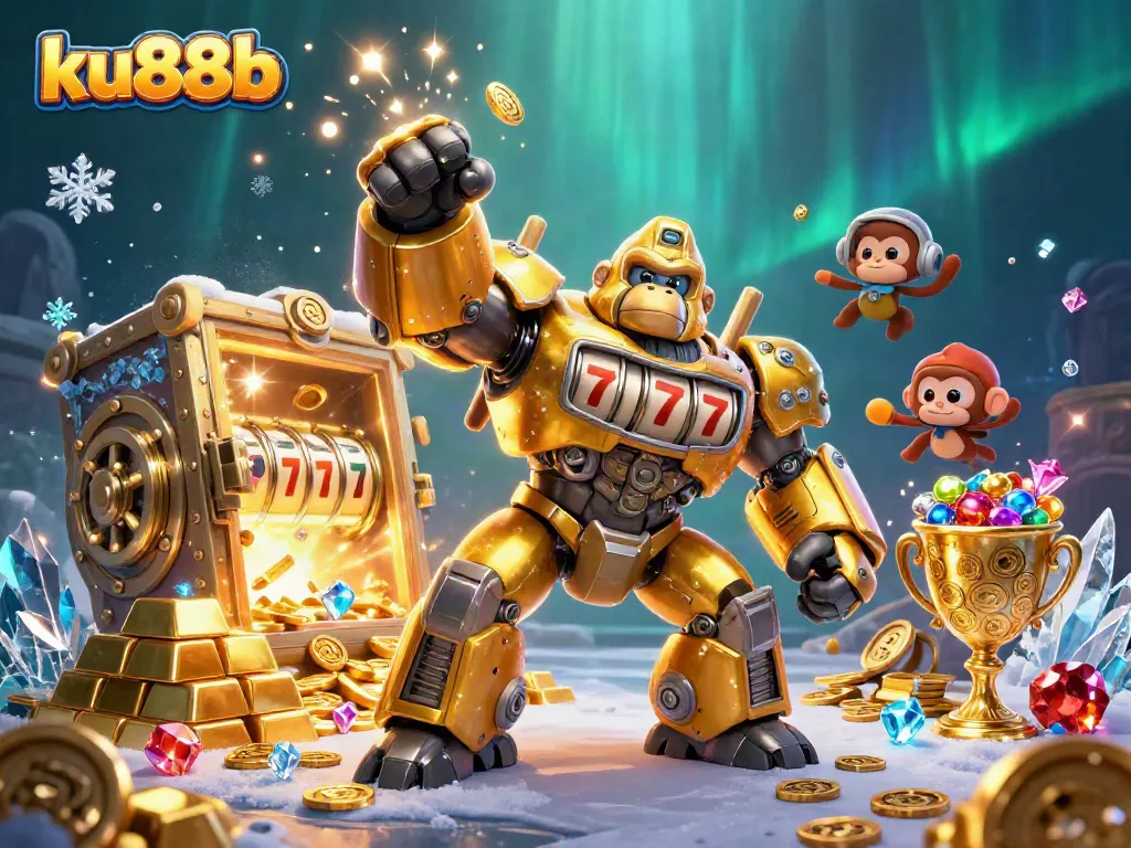 Experience thrilling jackpots at ku88b with a cartoon golden gorilla mech and dynamic casino elements.