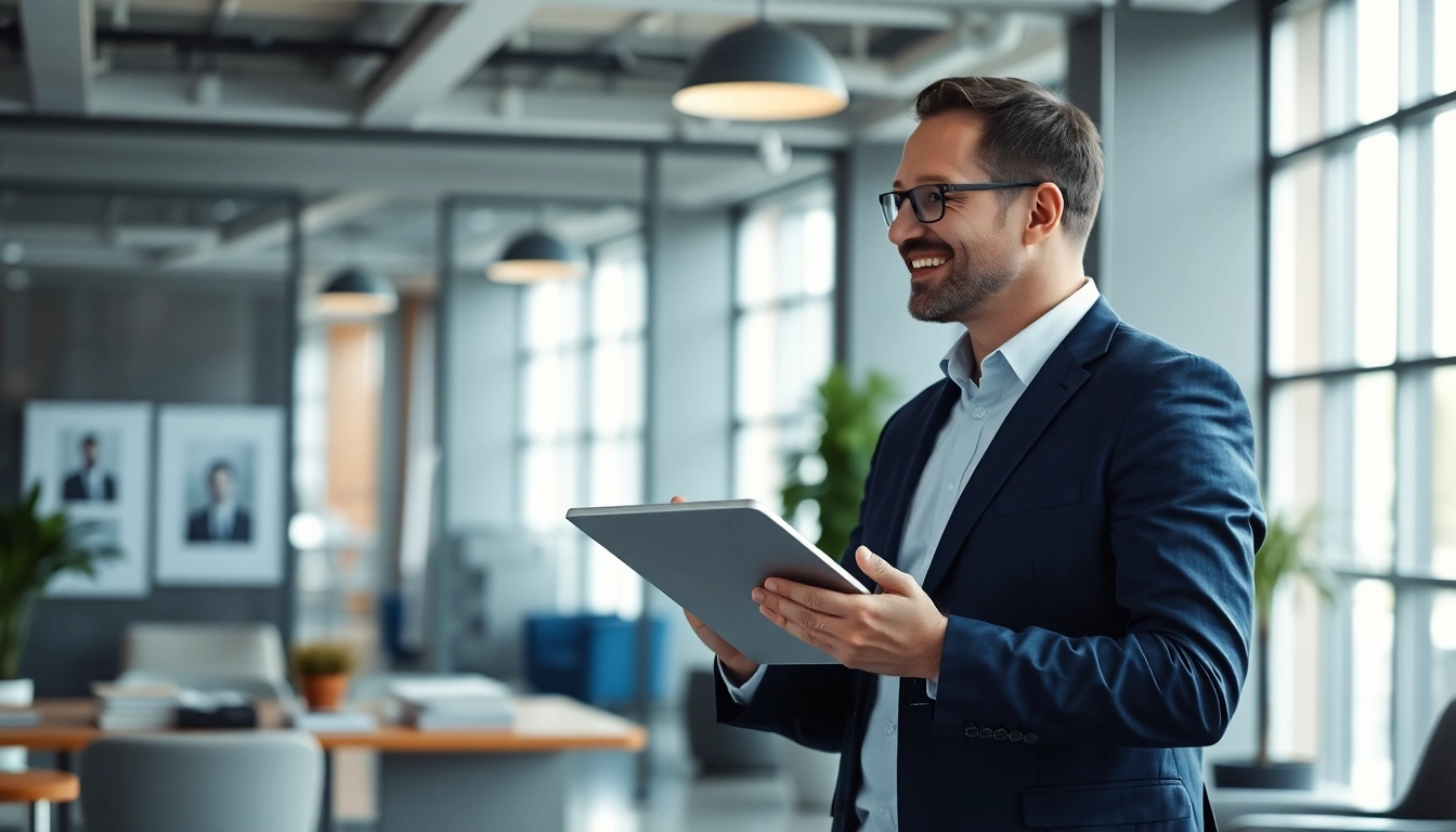 Headhunter Ingenieure führt ein berufliches Gespräch in modernem Büro mit Tablet.