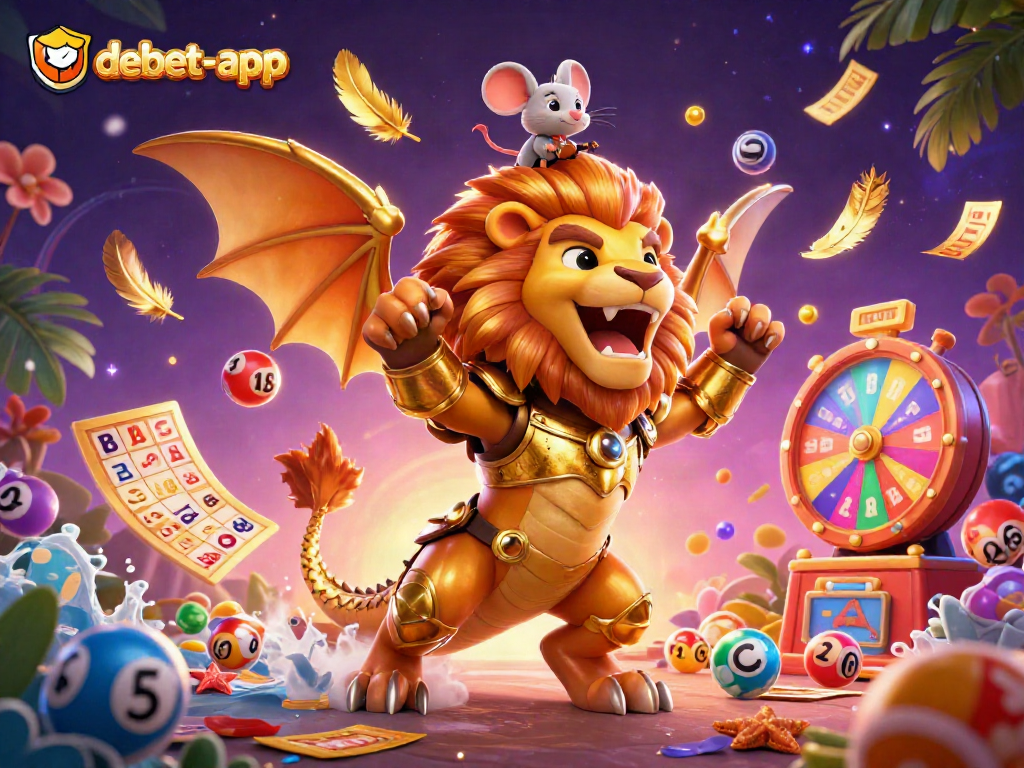 Experience excitement at debet-app with vibrant gaming elements and a triumphant chimera.