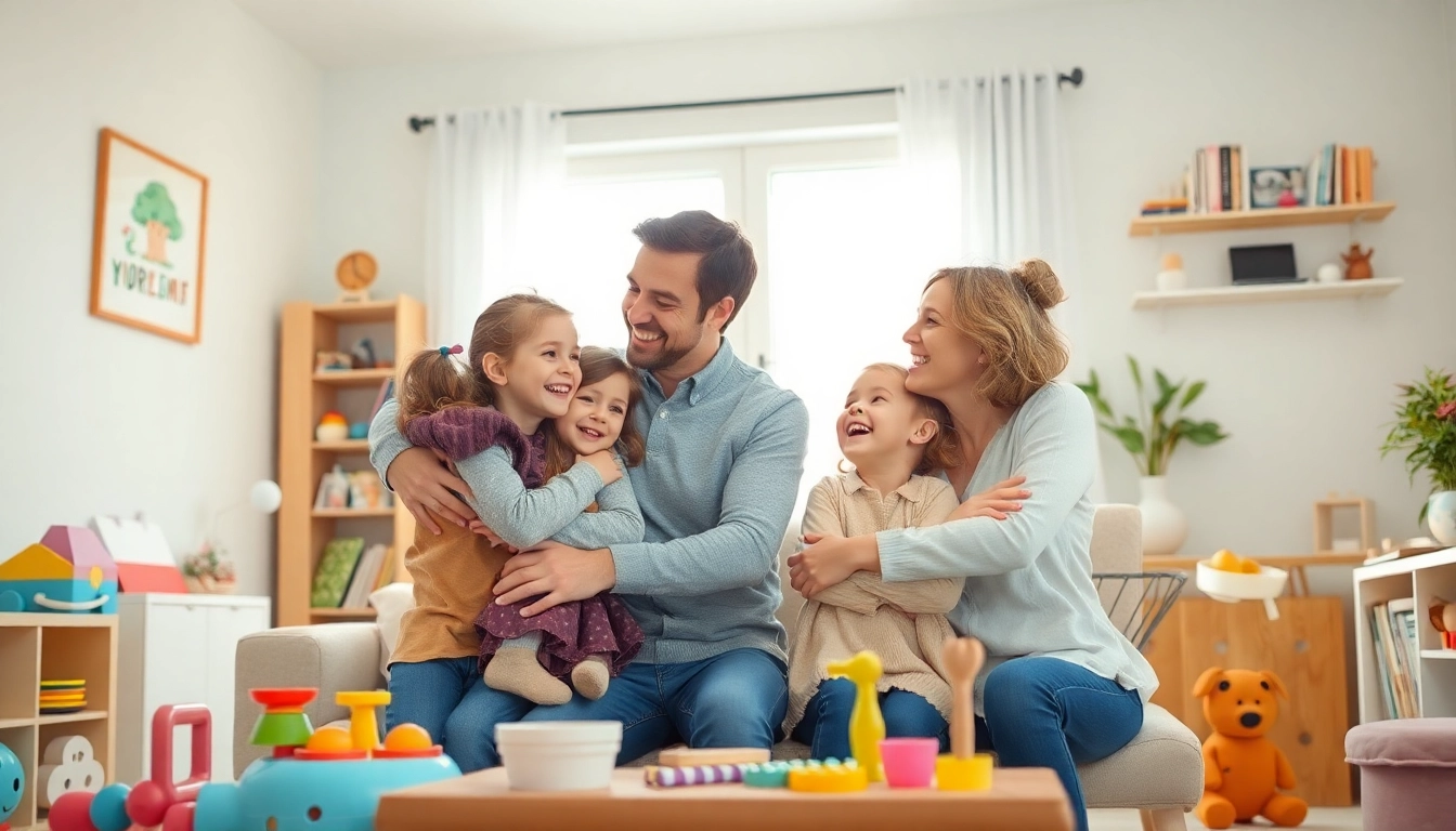 Kindererziehung in einem einladenden Familienzimmer mit Eltern und Kindern, die liebevoll interagieren.