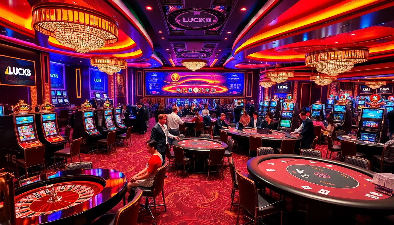 Người chơi casino LUCK8 đang tận hưởng những bàn chơi sôi động với đầy chip, bài và máy đánh bạc.