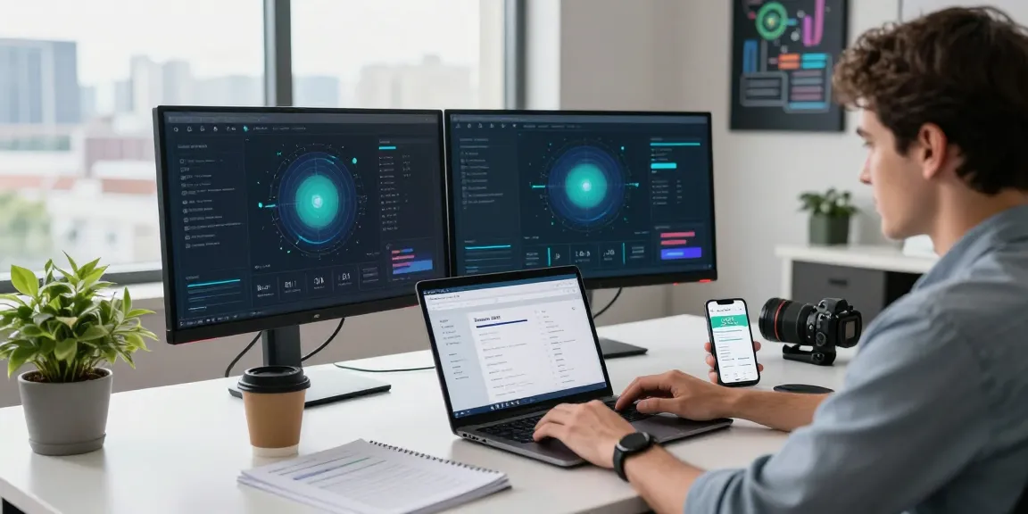 Smart DNS Anbieter setup featuring laptops and monitors in a modern tech workspace