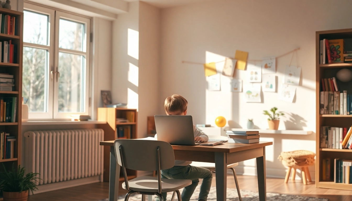 Ein Kind lernt zu Hause im Rahmen von Heimunterricht, umgeben von Schulmaterialien und einem gemütlichen Arbeitsumfeld.