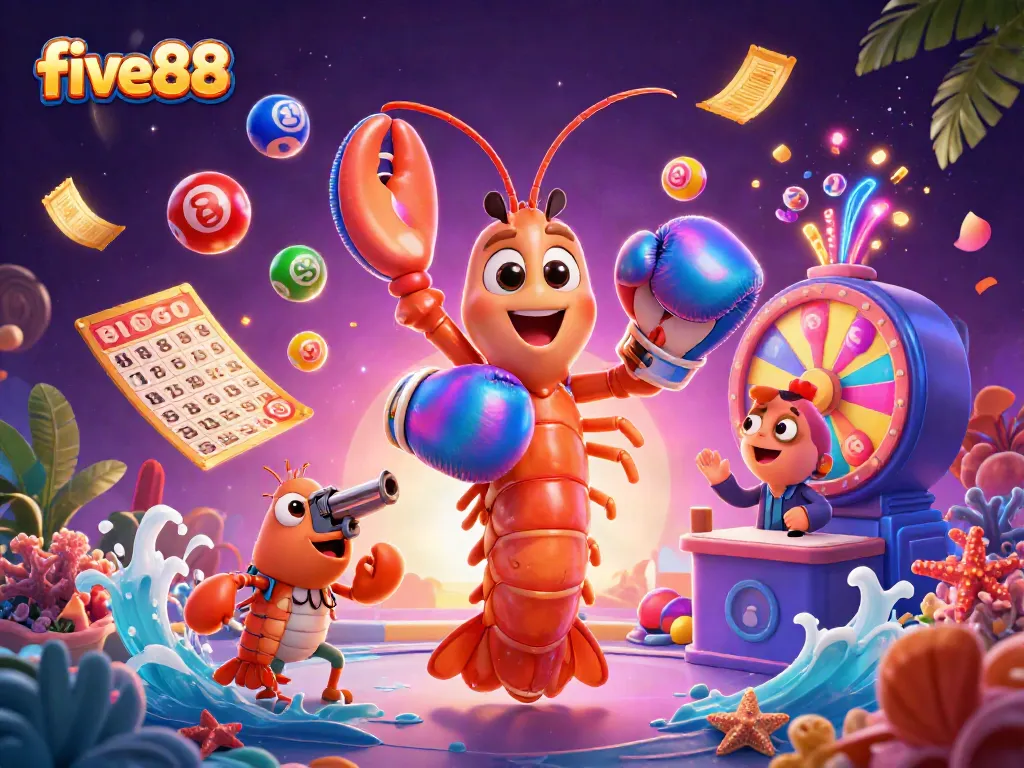 Engage with five88's dynamic casino action featuring colorful lottery elements and lively characters.