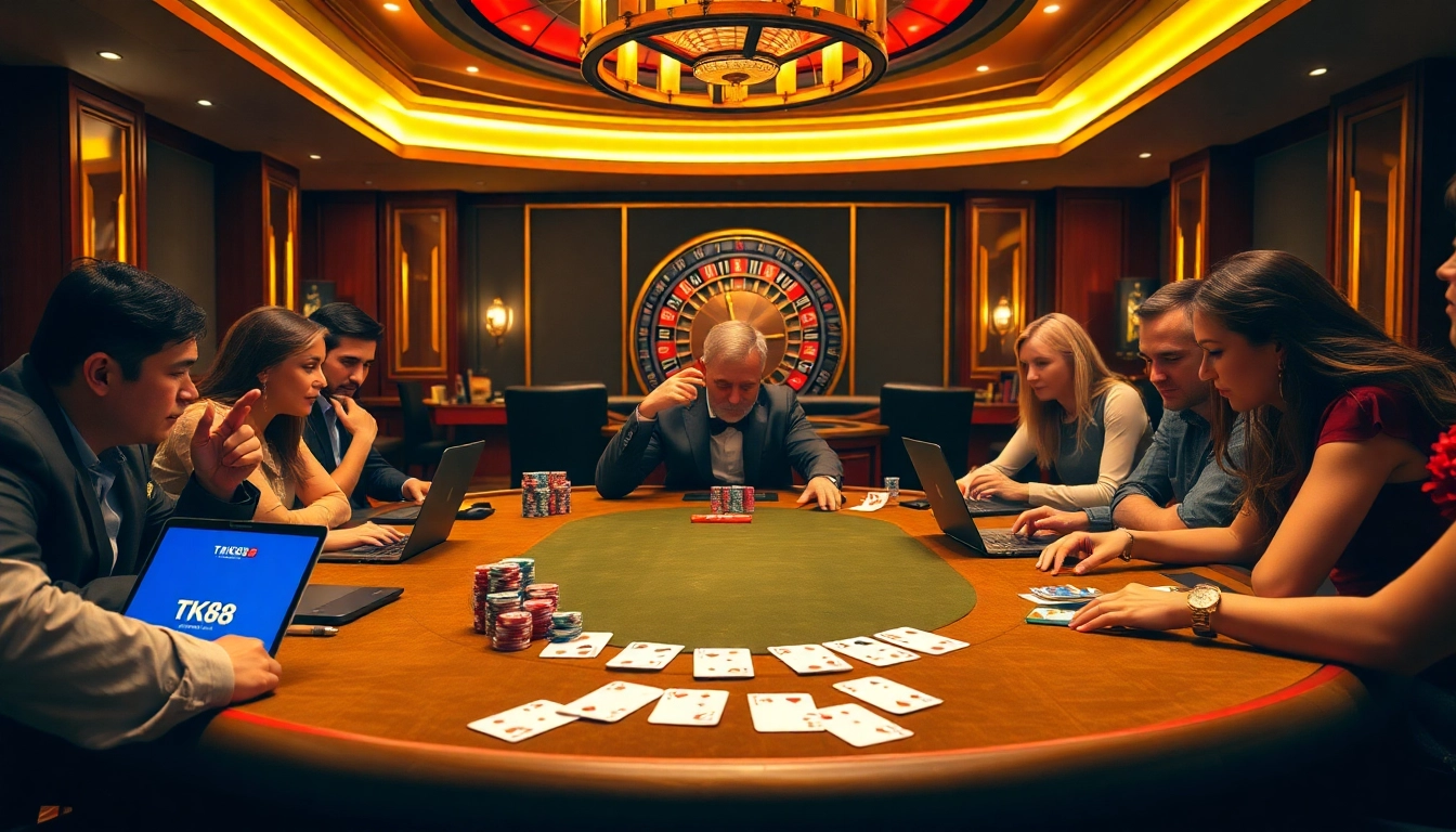 Engage in high-stakes poker at TK88t.org with an elegant casino scene showcasing thrilling gameplay.