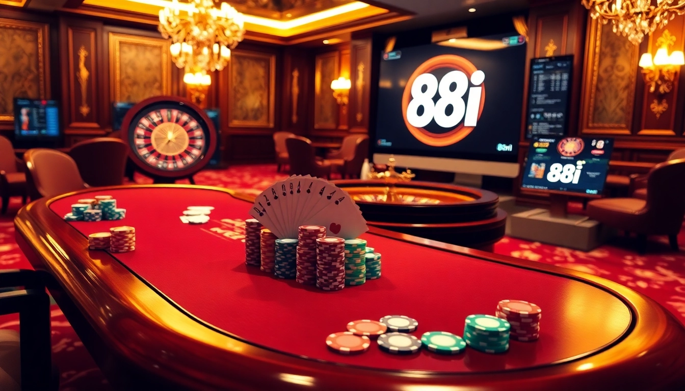 Engage with thrilling online gambling at 88i with colorful poker chips and a luxurious casino table setup.