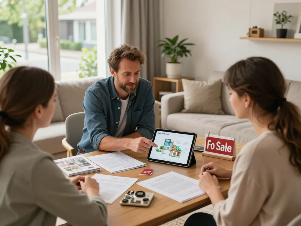 Immobilienmakler Frankfurt Preungesheim, der Kunden in einer inszenierten Wohnumgebung berät und die Eigenschaften der Immobilie hervorhebt.