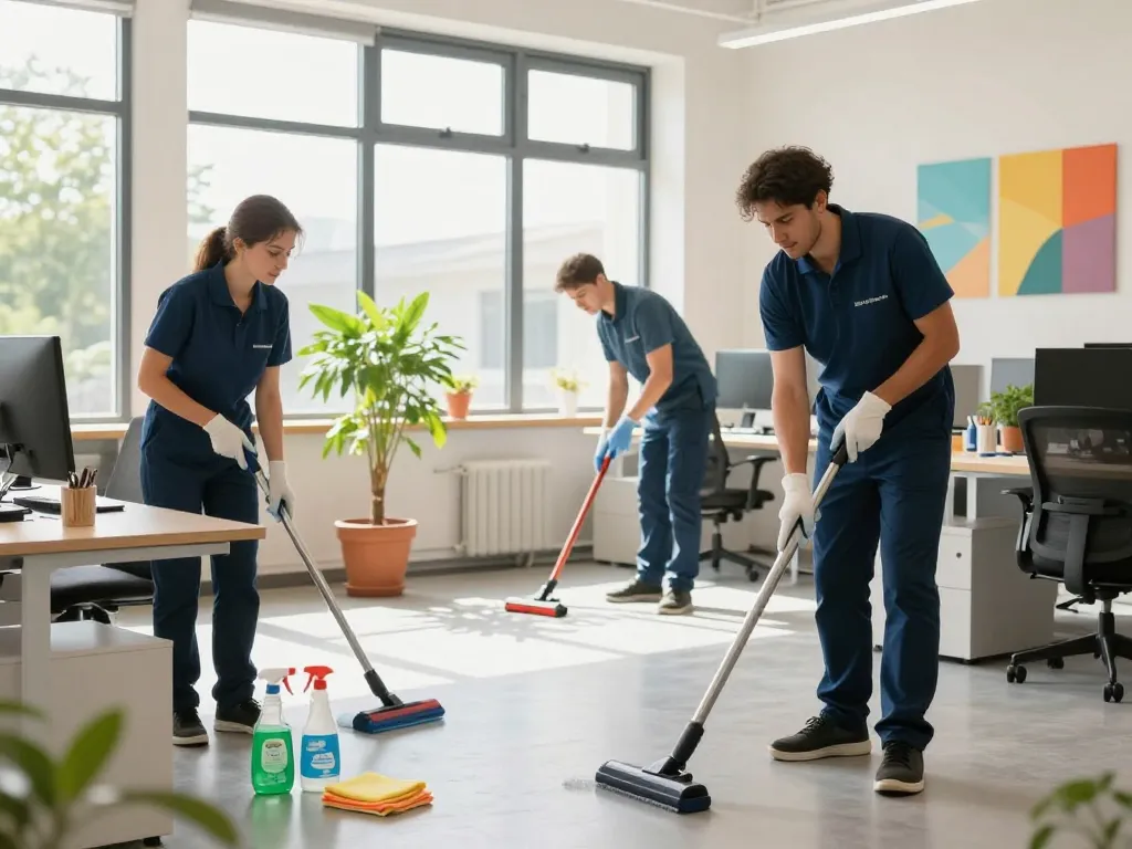 Professionelles Reinigungsteam in Münster, das Büroflächen mit gründlichen Reinigungsdiensten verwandelt und Engagement für Qualität und Effizienz zeigt.