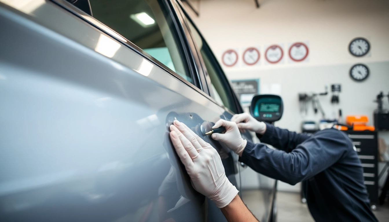 Dellenreparatur München: Fachmann bei der professionellen Dellenentfernung von einem Fahrzeug.