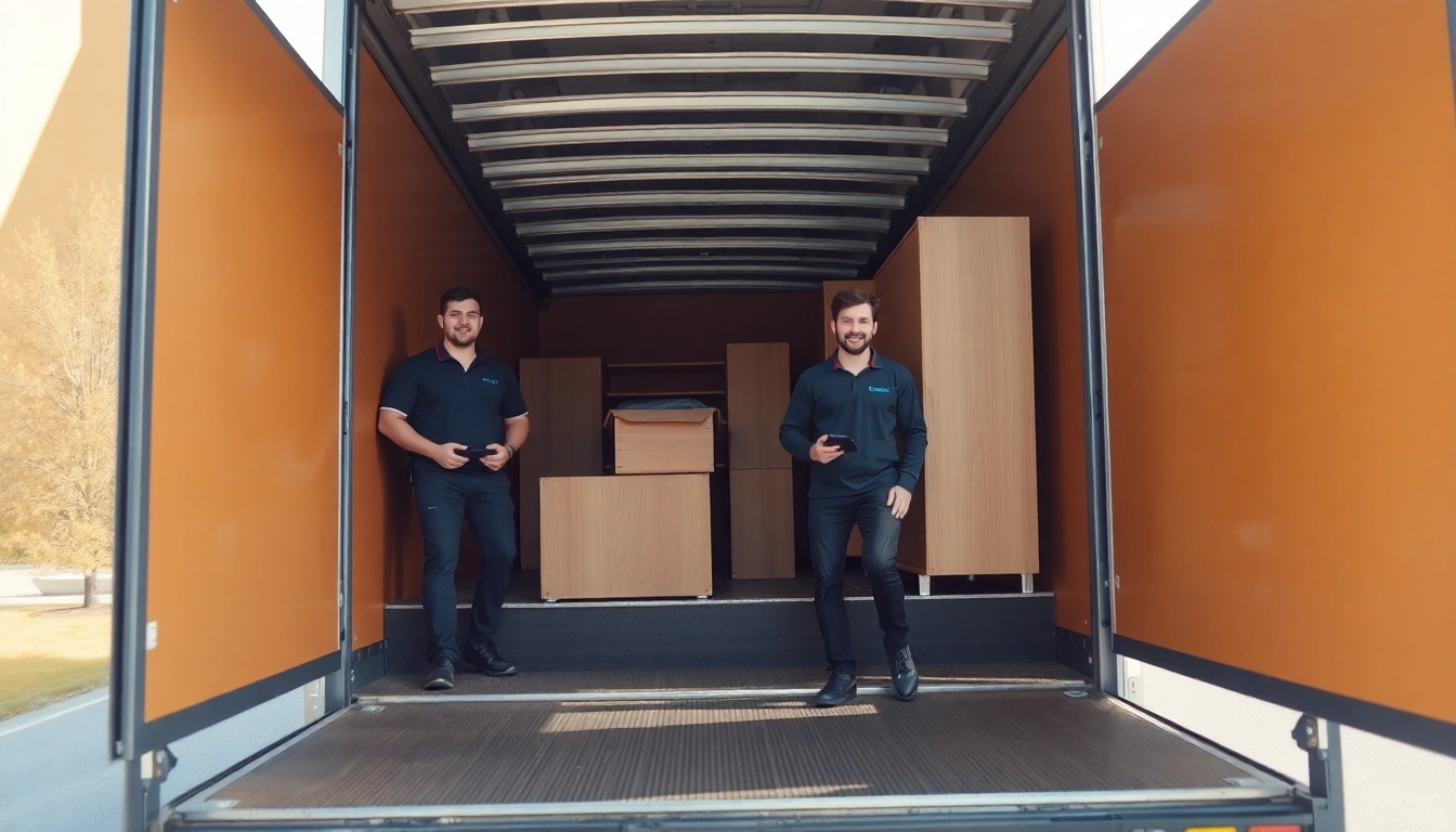 Umzugsunternehmen Leverkusen: Kunden zufriedengestellte Umzugshelfer verladen Möbel in einem Transporter.