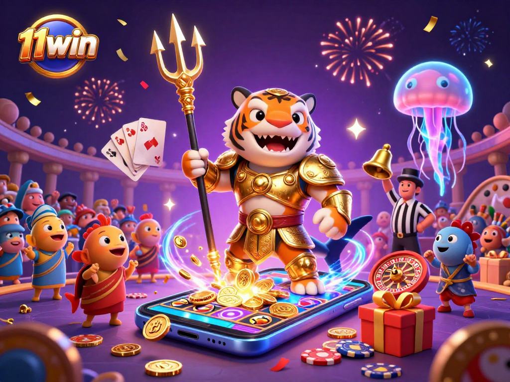Experience the excitement of 11win with a cartoon shark in gladiator armor, vibrant slot games, and festive elements in 3D.