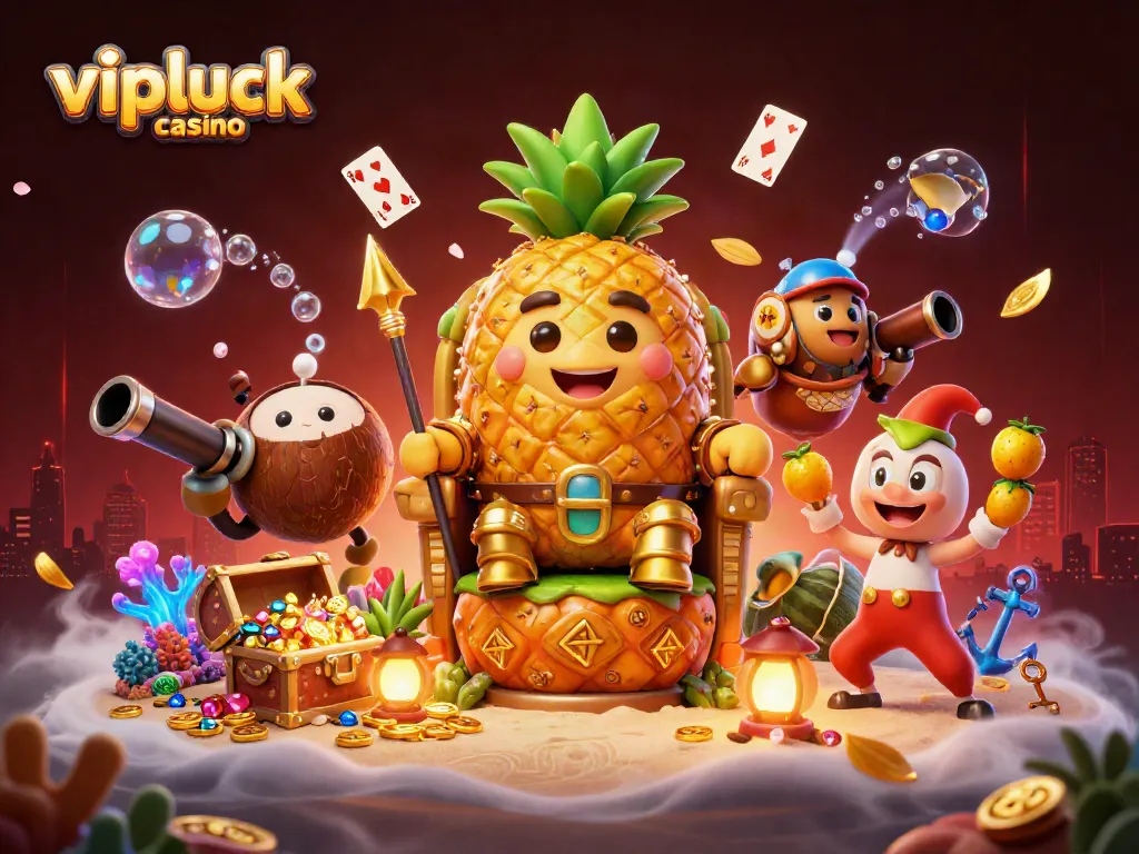 Experience the excitement of vipluck casino with a vibrant 3D scene depicting a golden pineapple king, gaming elements, and treasure.