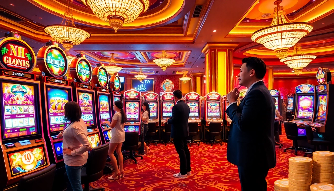 Experience the thrill of nổ hũ jackpot slots in a luxurious casino setting with excited players.