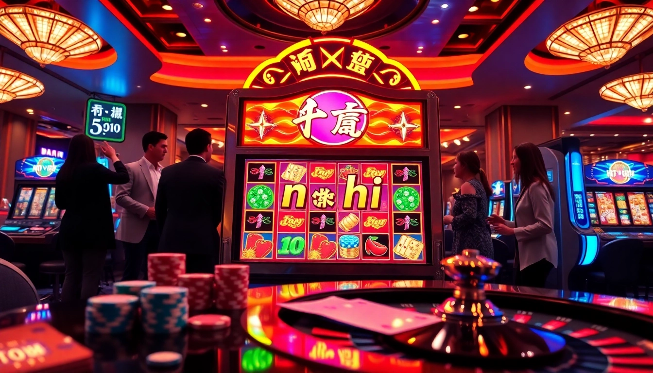 Excited players spin the nổ hũ slot machine in a vibrant casino setting.