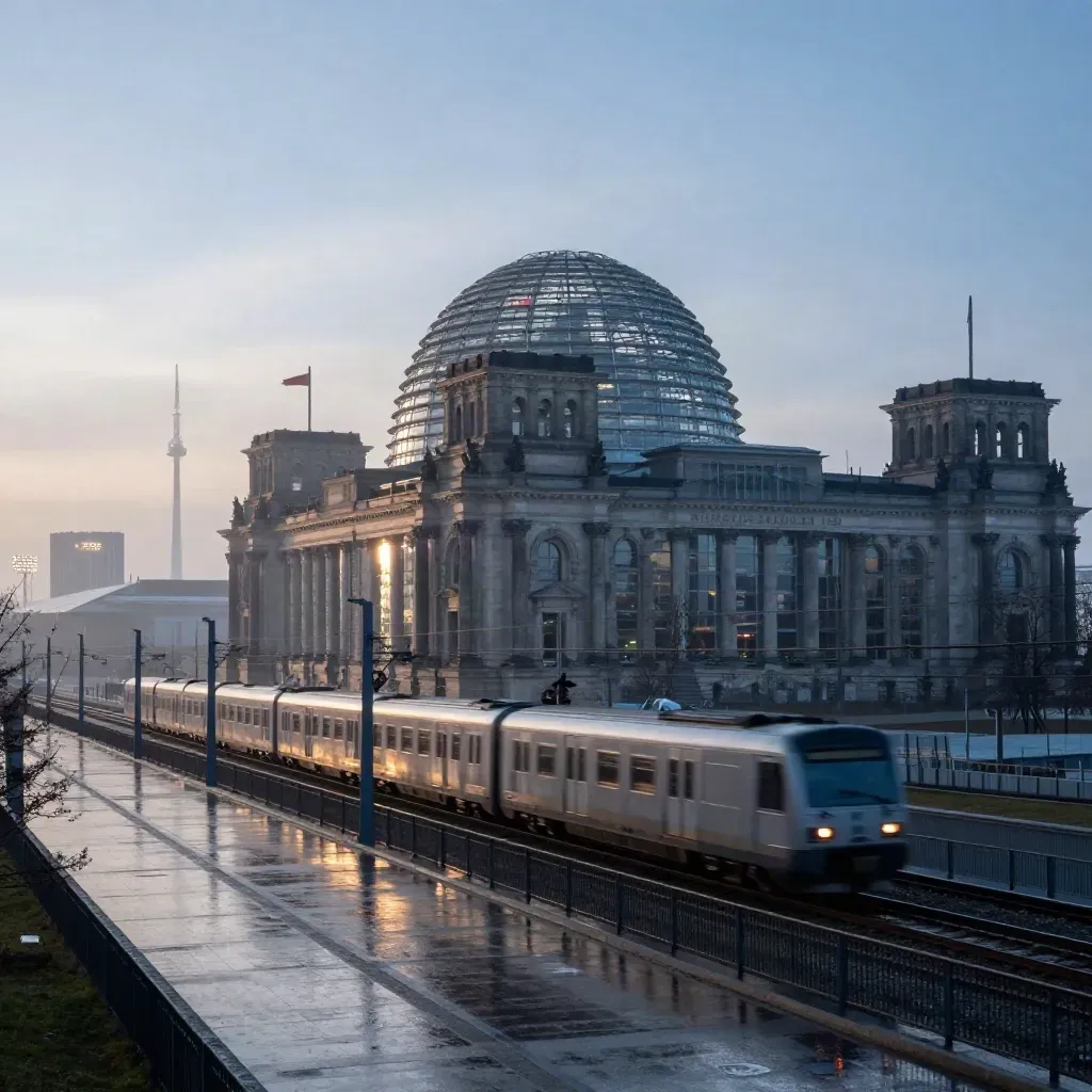 Berliner Skyline bei Morgendämmerung mit Reichstagskuppel, Zug und Sendemast im Regen.
