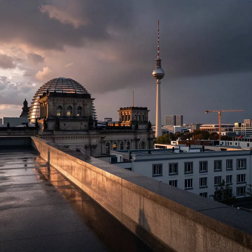 Berlins Skyline bei Sonnenuntergang mit Reichstag, Fernsehturm und aufziehenden Wolken