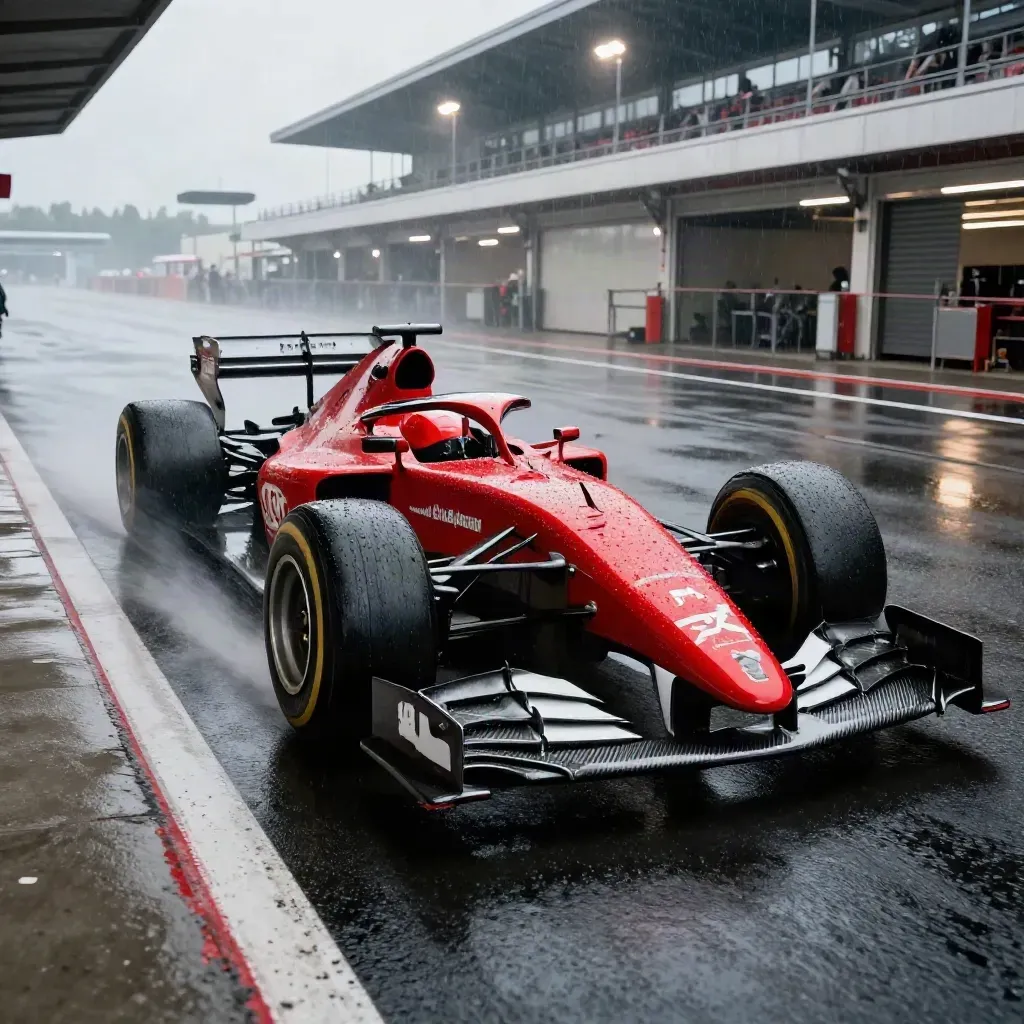 Rote Formel-1-Nase auf nasser Boxengasse unter Flutlicht und Regenspritzern.