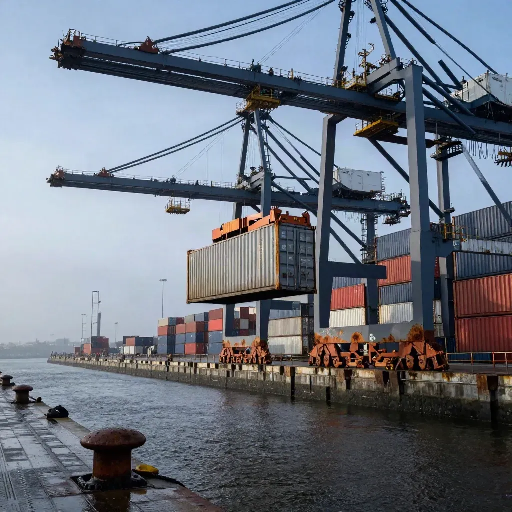 Hamburger Hafen mit Kränen, Container im Regen und blauer Stunde