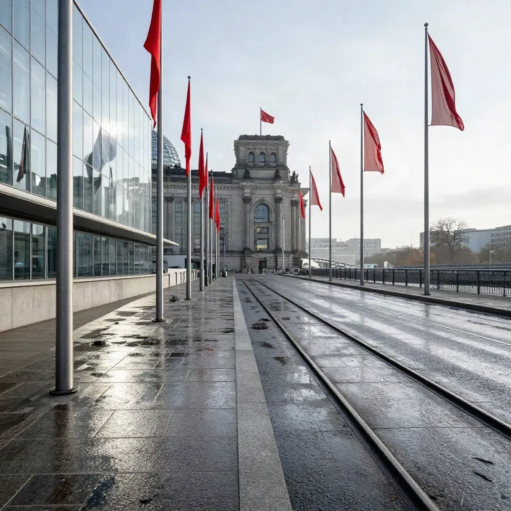 Regennasse Ministerien im Berliner Regierungsviertel mit wehenden Fahnen und leerer Radspur