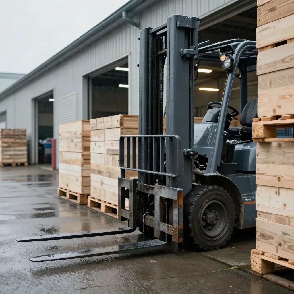 Verregneter Logistikhof mit Gabelstapler, geschlossenen Laderampen und gestapelten Paletten