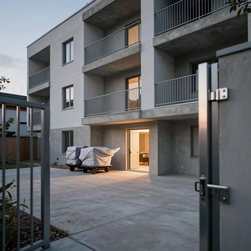 Innenhof eines Neubauhauses mit Umzugskarren und flatternder Decke am offenen Wohnungseingang im Abendlicht