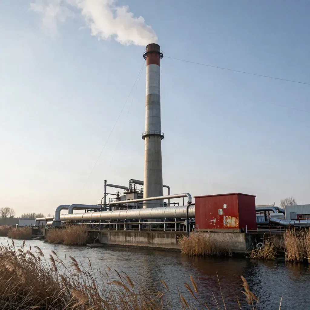 Heizkraftwerk am Flussufer mit aufsteigendem Dampf und Stromleitungen im Morgenlicht