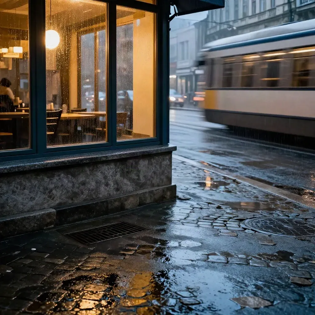 Kreuzberger Caféfront spiegelt sich im nassen Asphalt, eine Tram verwischt im Abendregen.