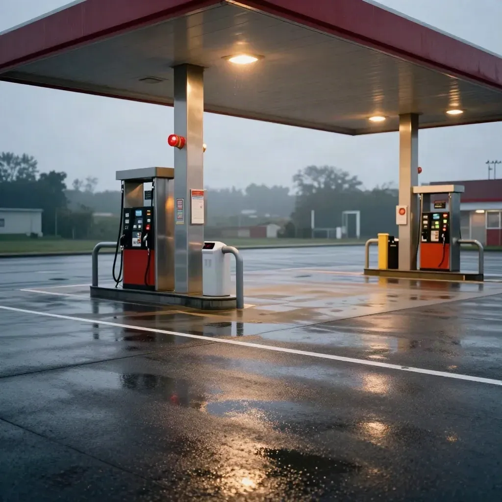 Nasse Tankstellenüberdachung bei Dämmerung mit roter Lichtreflexion auf dem Asphalt.