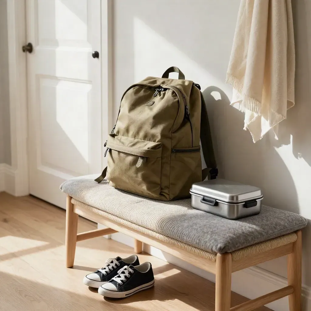 Eingangsbank mit Rucksack, kleinen Schuhen und Lunchbox im Morgenlicht
