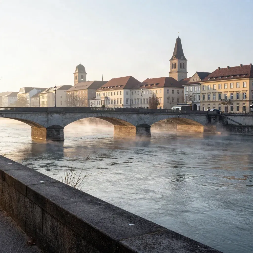 Münchner Flussufer im Sonnenaufgang mit Brücken, Skyline und Nebel über der Isar.