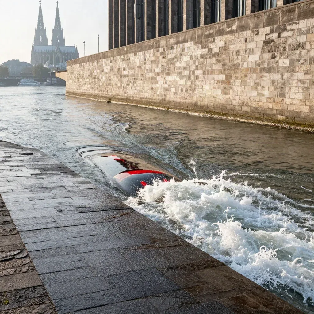 Rheinufer in Köln mit Schiffswelle, Domkante und Häusern im Morgenlicht