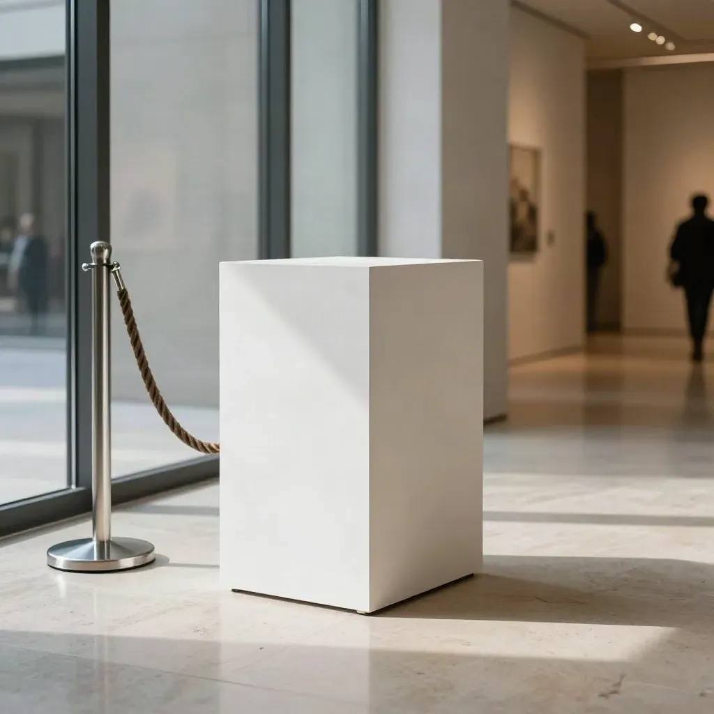 Galeriefoyer mit weißem Sockel, offener Glastür und zur Seite geschwenktem Samtseil.