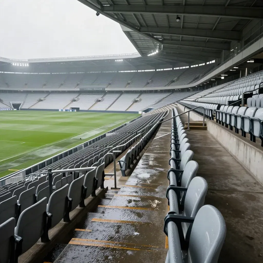Leere Stadionränge nach dem Spiel, nasse Stufen und Flutlicht im Nebel.
