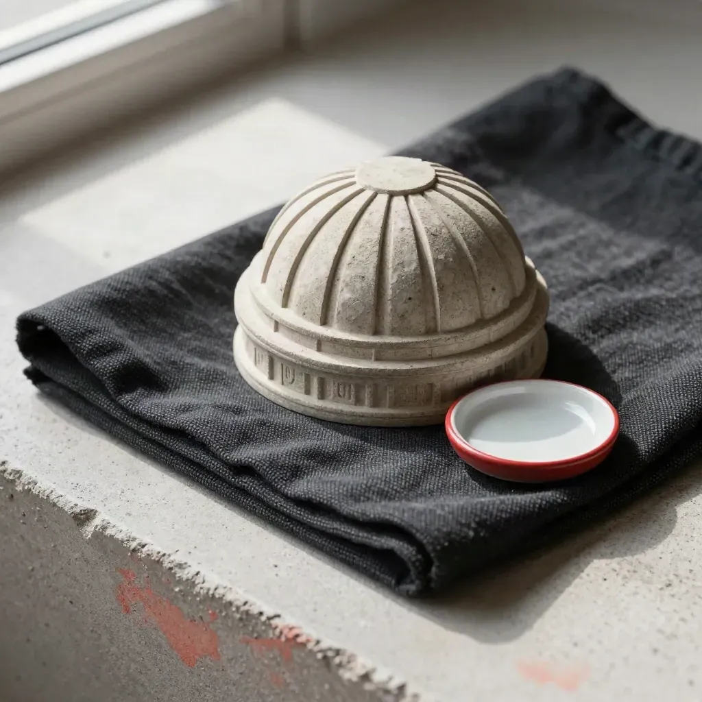 Miniatur des Bundestags mit Stoff und Schale auf hellem Beton, aus der Vogelperspektive.