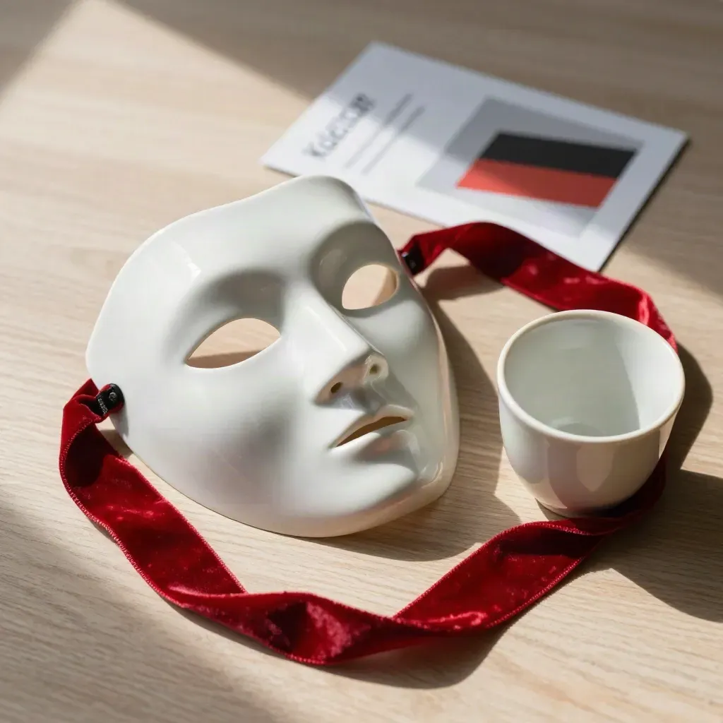 Porzellan-Theatermaske, rotes Samtband und Keramiktasse auf hellem Eichenholz, sanftes Licht.