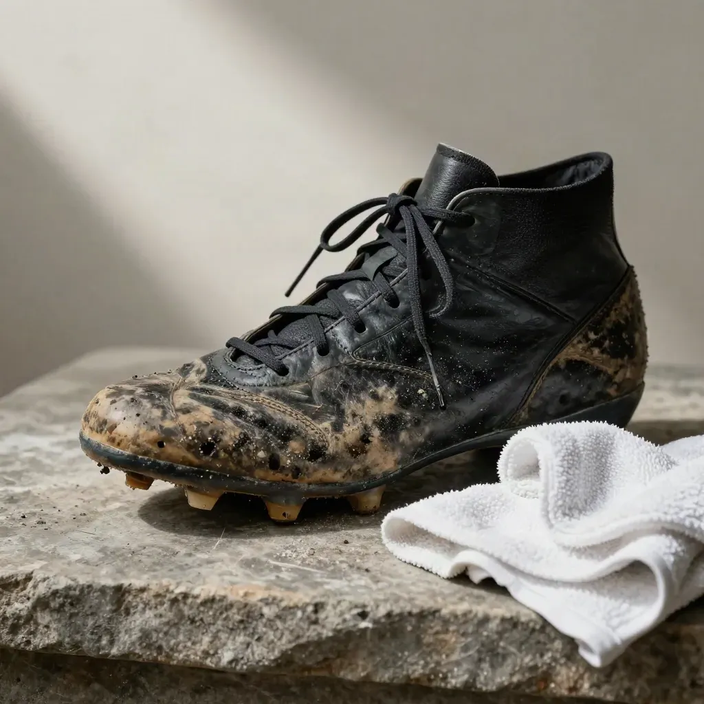Abgenutzter Fußballschuh, Schienbeinschoner und weißes Handtuch auf Steinplatte.